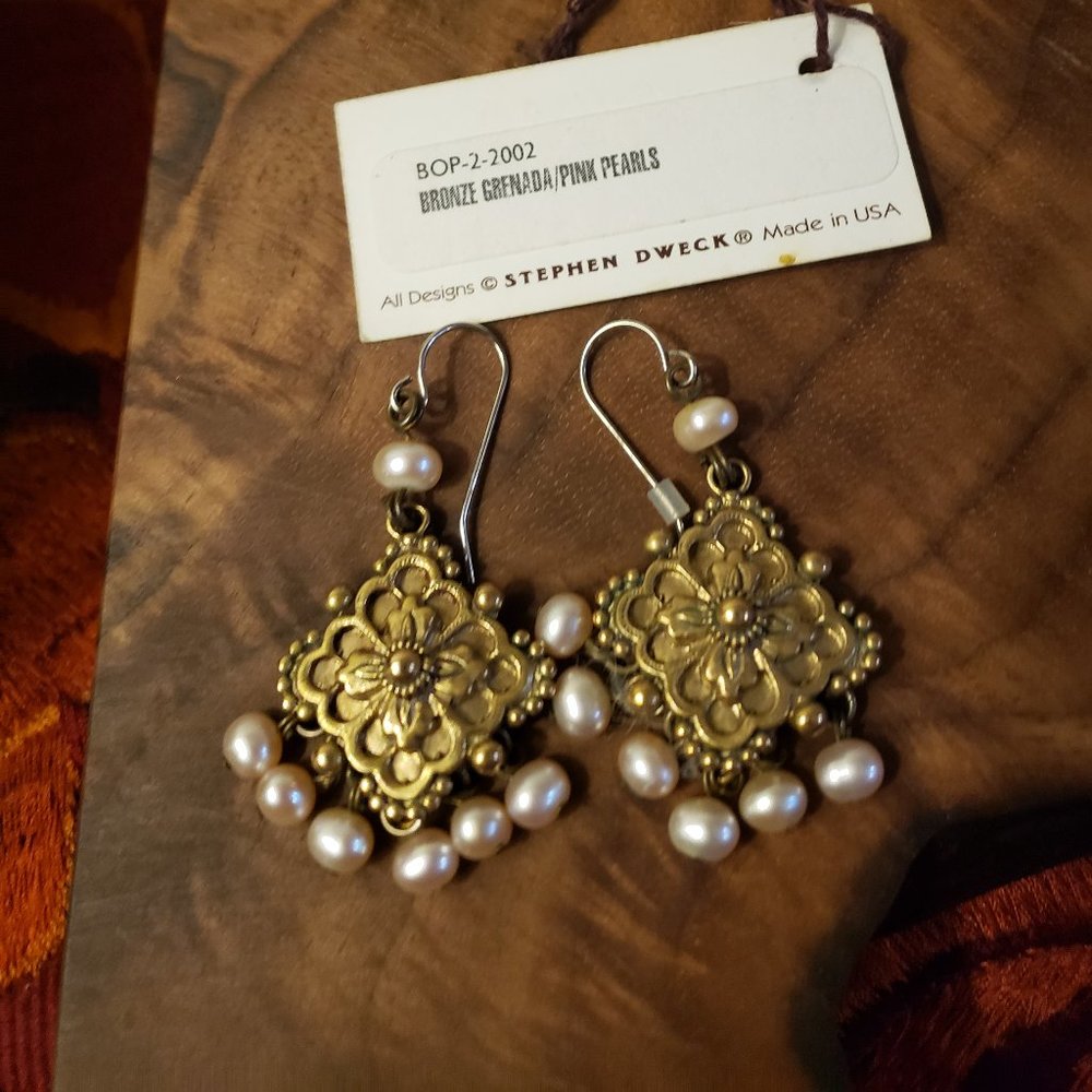 Stephen Dweck handmade bronze pink pearl earrings